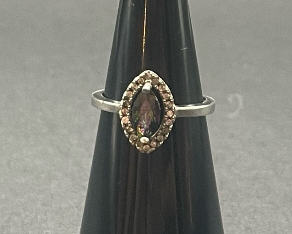 Tourmaline & White Topaz 925 Sterling Silver Ring 1.8mm Band Sz 5 Marquise Cut